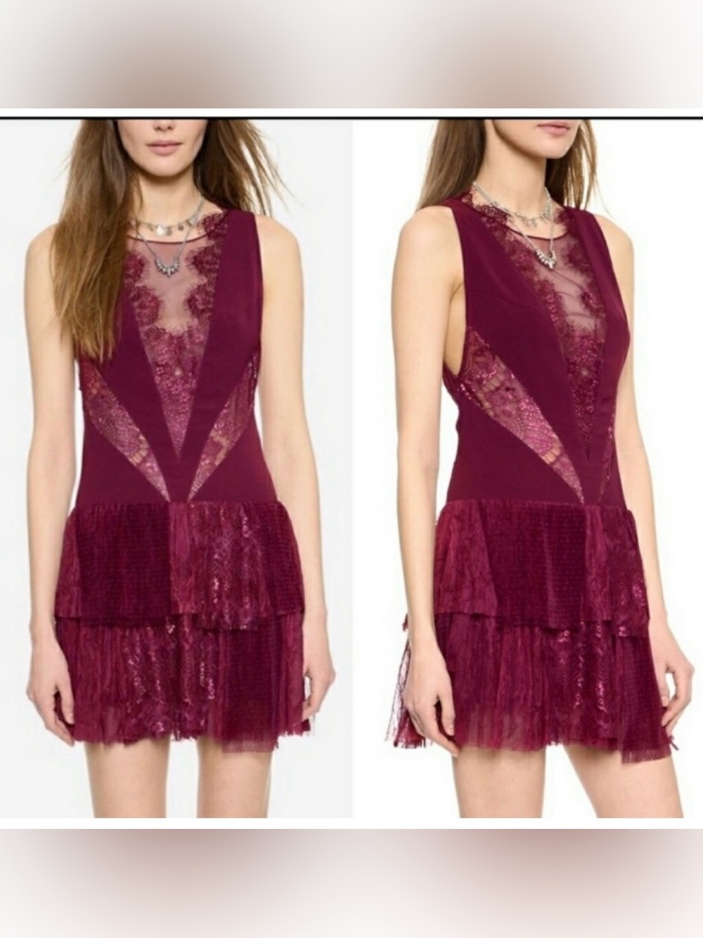 Free people Sleeveless Burgundy Lace Tiered Mini Dress